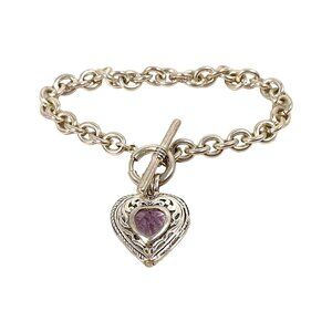 Heart Charm Bracelet 7" Silver Plated Rolo Chain Etched Love Friendship VTG Gift